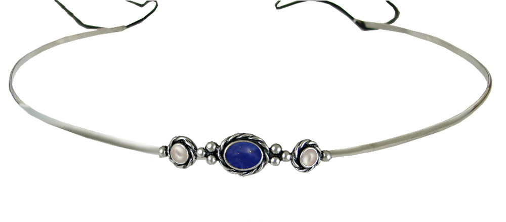 Sterling Silver Renaissance Style Headpiece Circlet Tiara With Lapis Lazuli And Cultured Freshwater Pearl